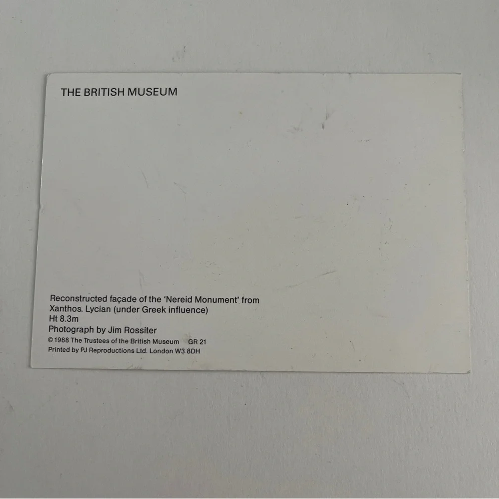 Vintage 80s Postcard The British Museum Nereid Monument Ephemeral Collectible